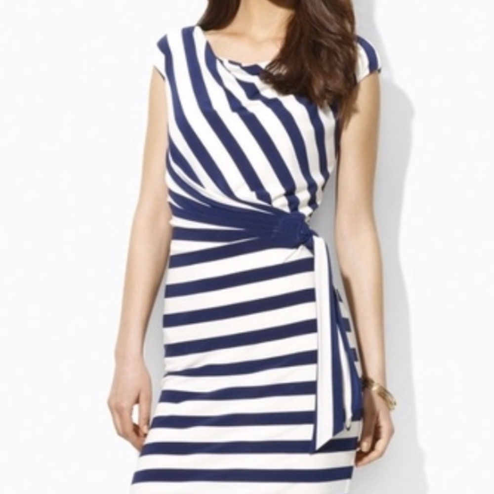 Lauren Ralph Lauren Blue and White Stripe Cowl Neck Short Casual Dress (XL)